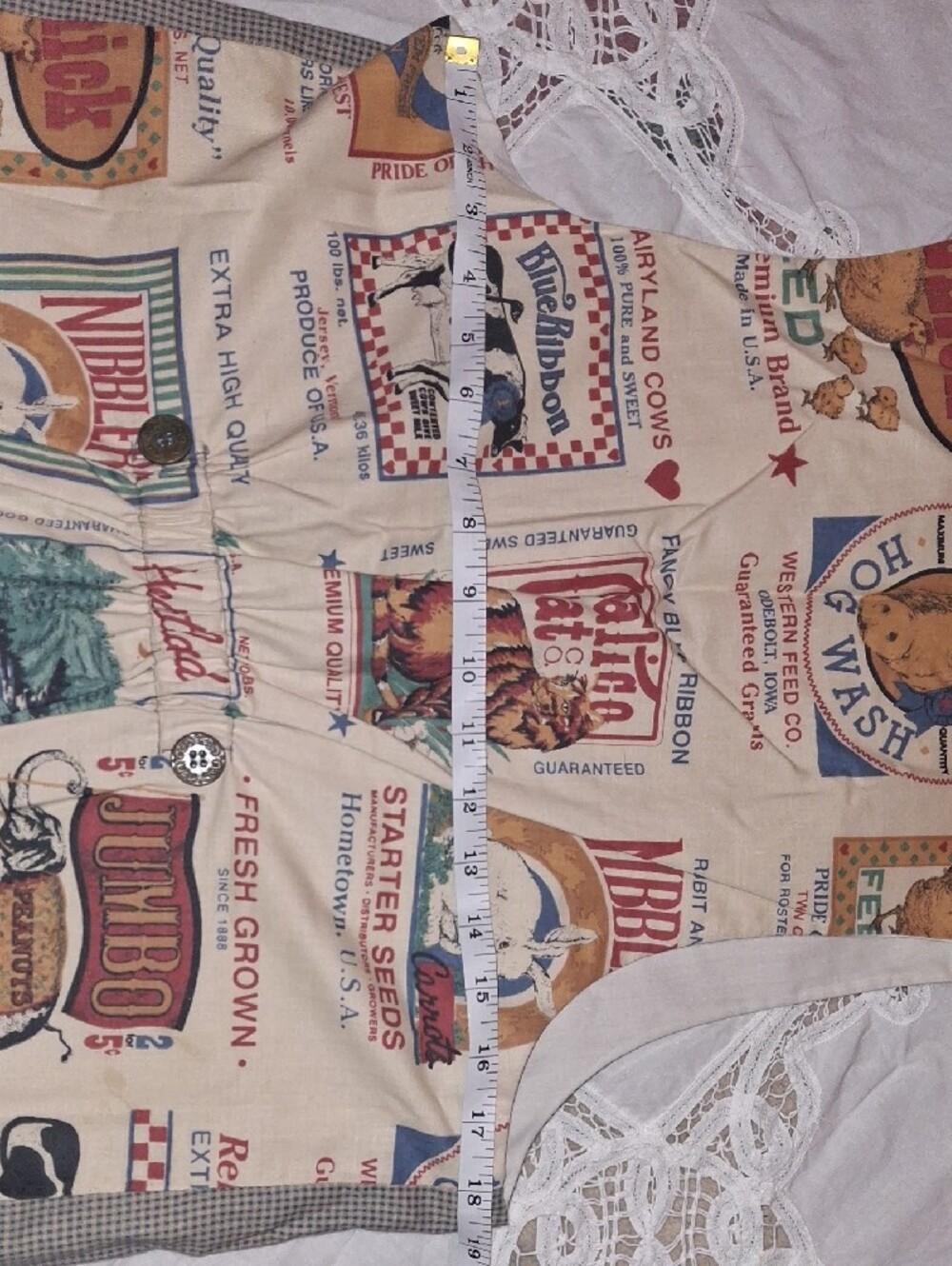 Vintage Patchwork Shabby Chic Vest in Beige with Animal & Feed Seed Patches - Picture 3 of 4
